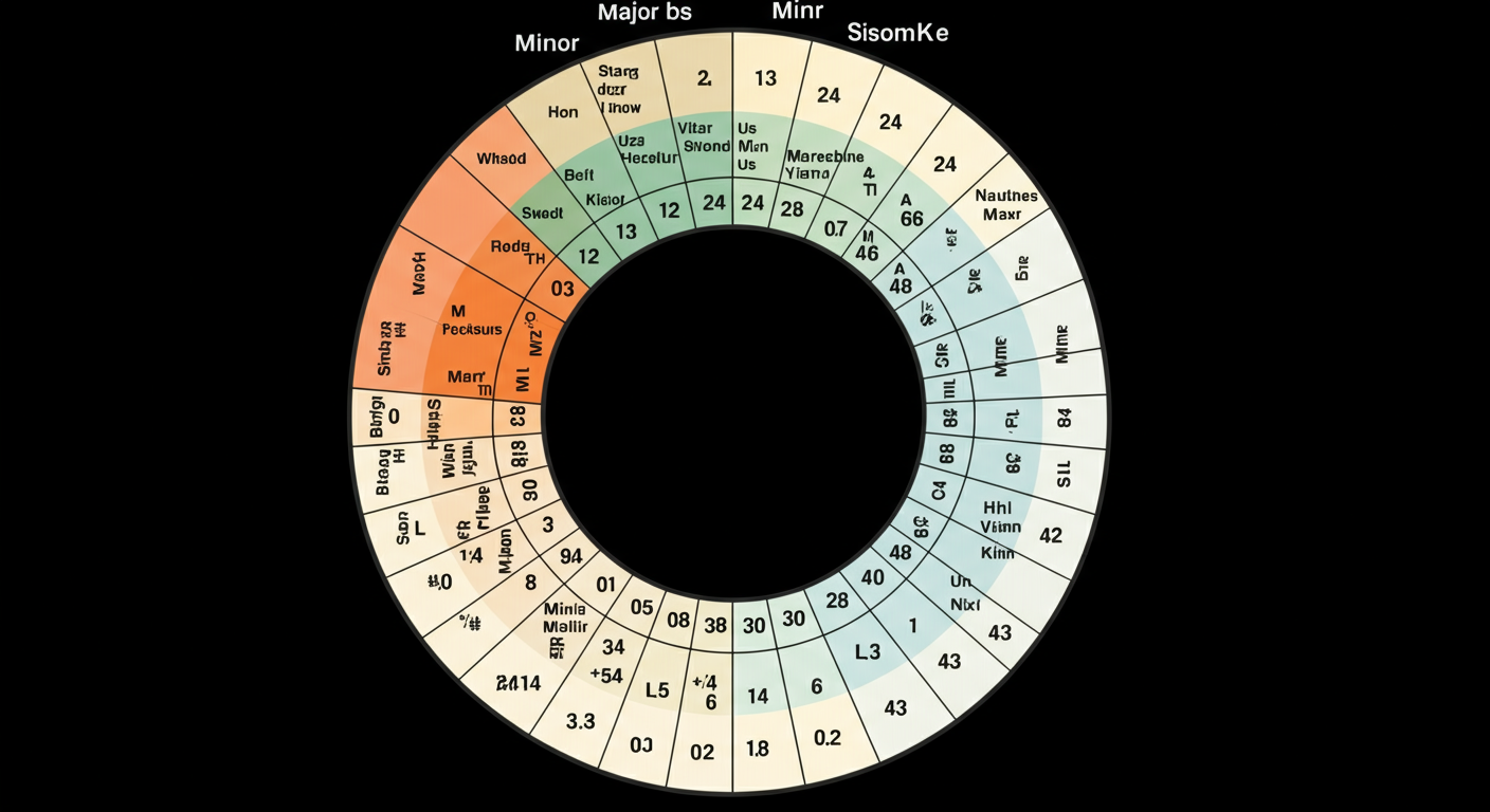 De kwintencirkel met majeur en mineur toonsoorten.
