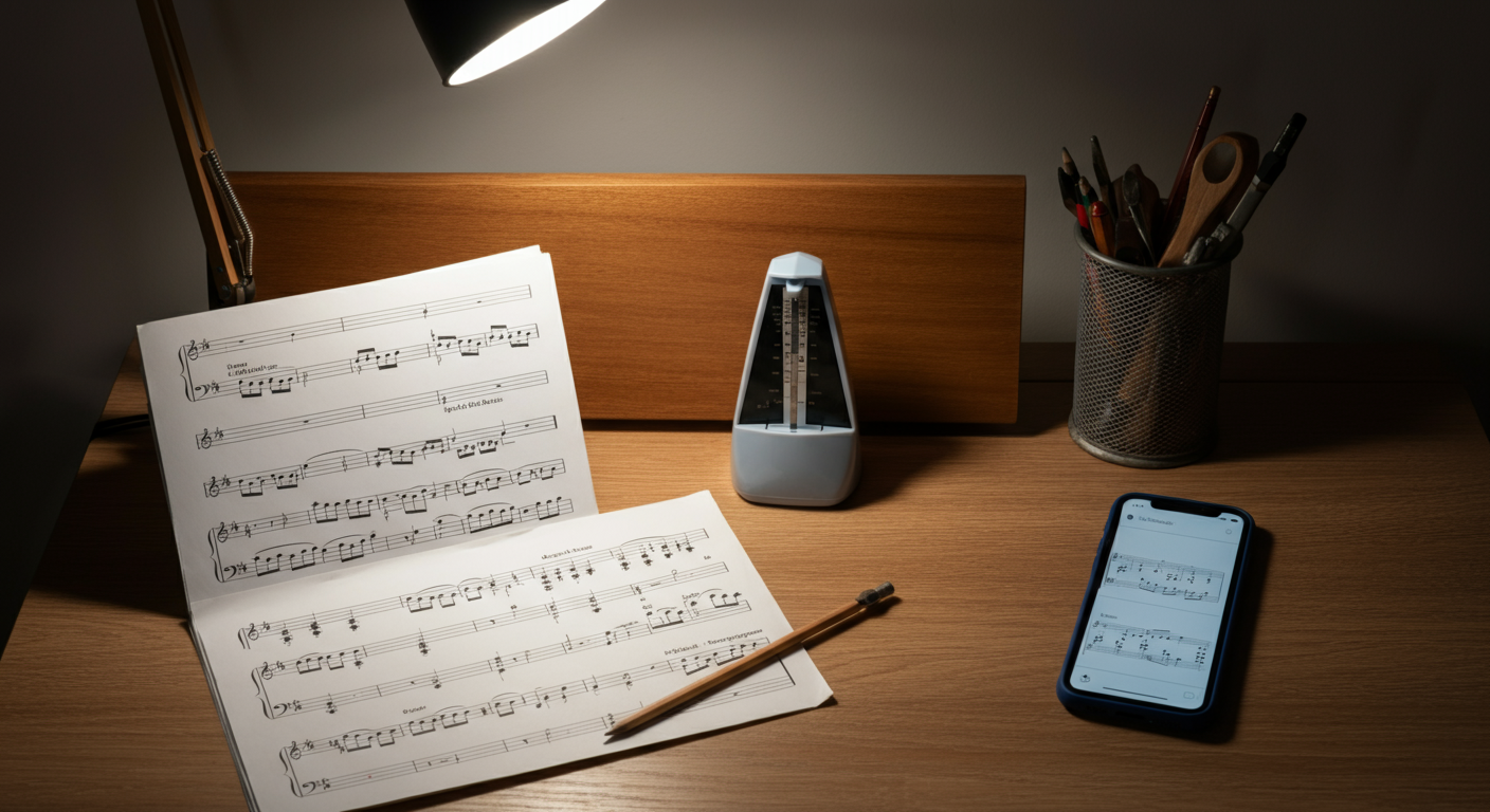 Piano oefenopstelling met bladmuziek, metronoom en hulpmiddelen