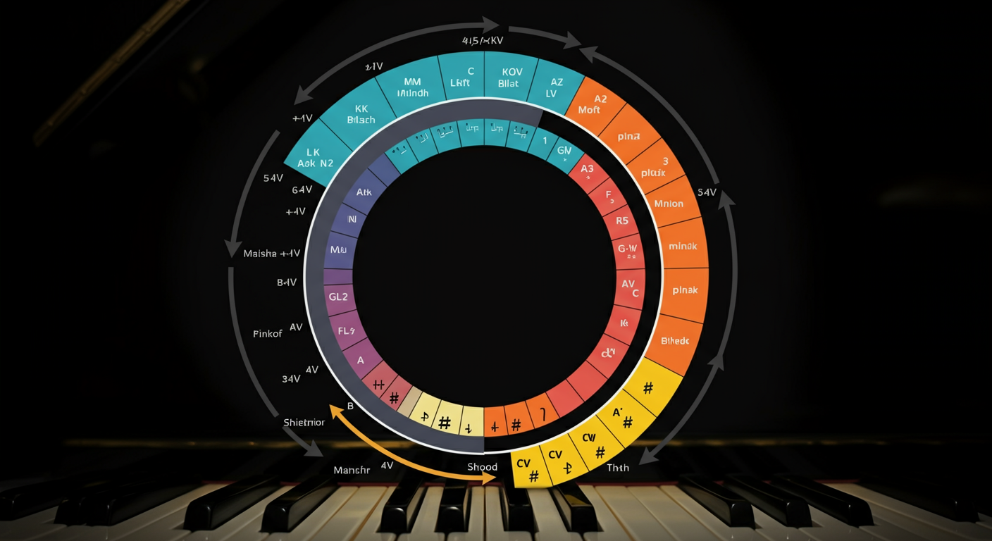De kwintencirkel met alle majeur en mineur toonsoorten en hun kruisen en mollen
