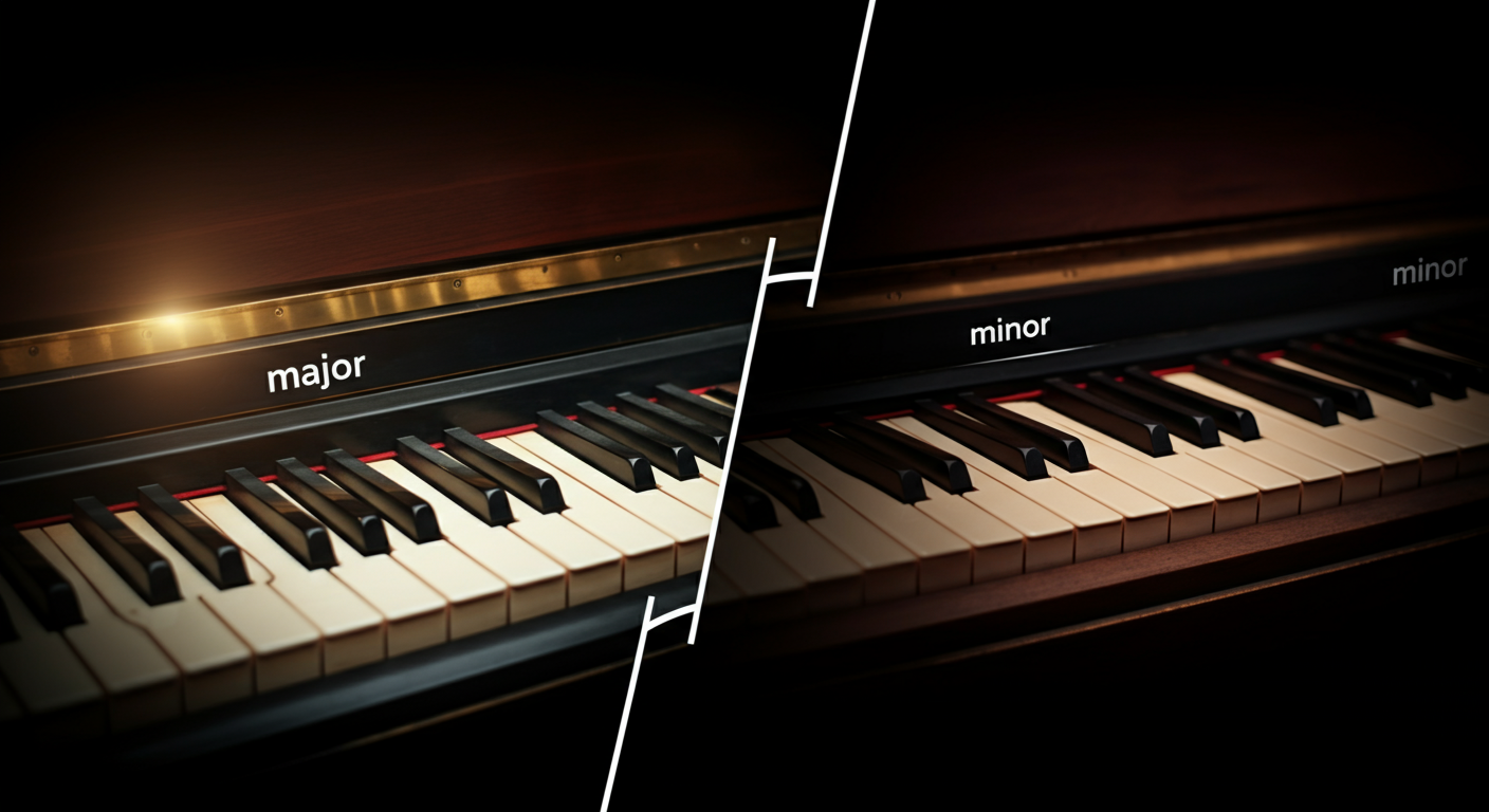 Vergelijking tussen majeur en mineur akkoorden op piano toetsen