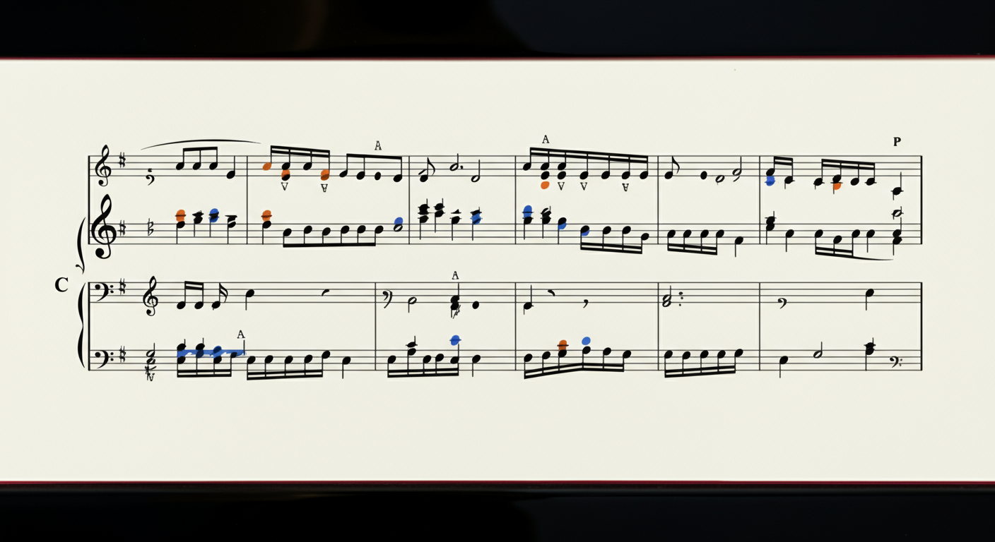 Accolade met G-sleutel en F-sleutel verbonden, midden-C gemarkeerd tussen beide notenbalken