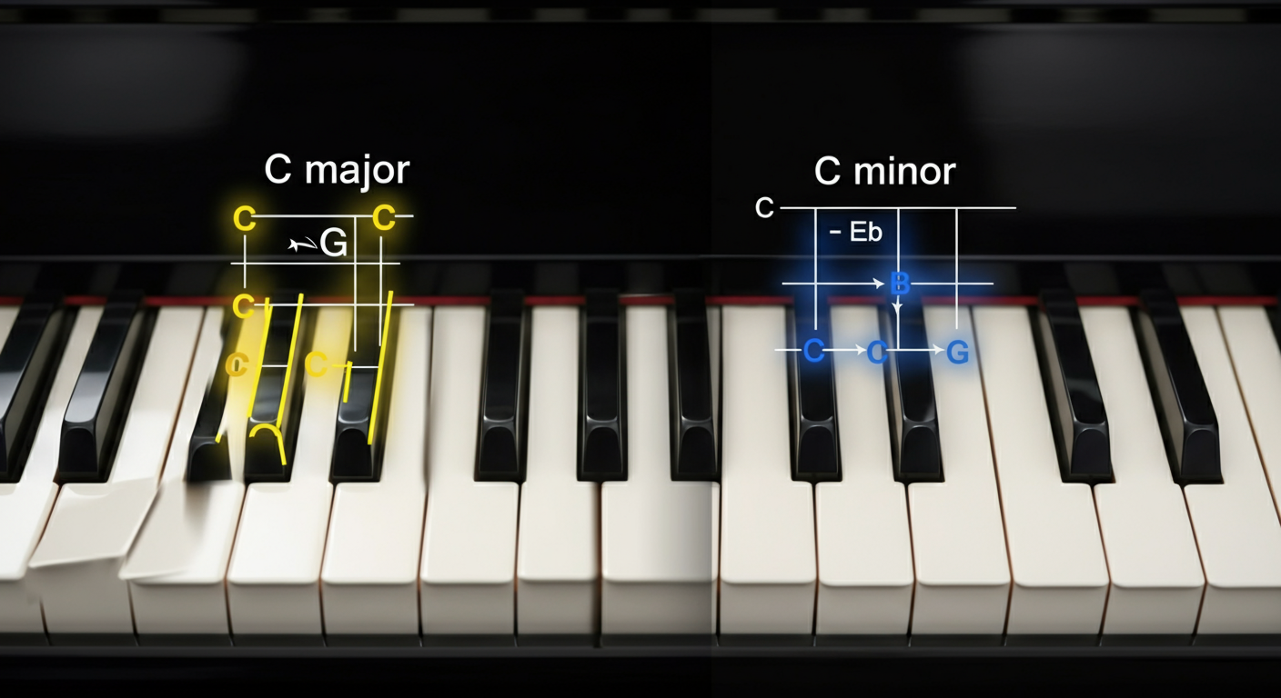 Vergelijking tussen C majeur en C mineur akkoord op piano toetsen met gemarkeerde noten