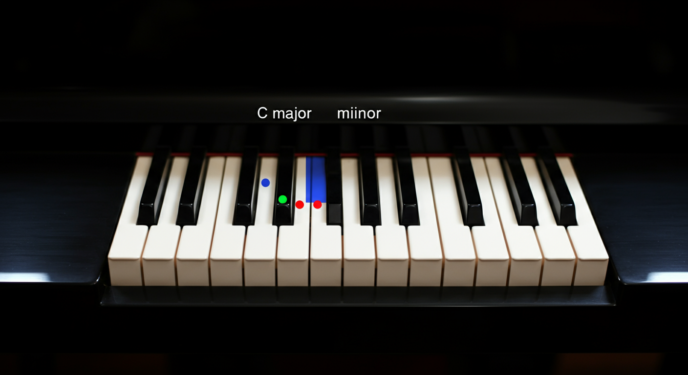Vergelijking van majeur en mineur akkoorden op een piano