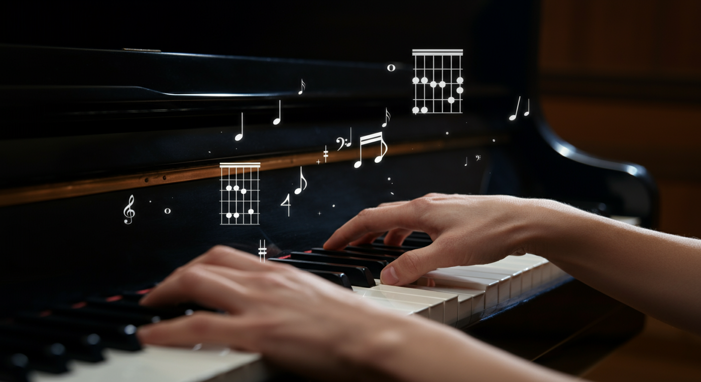 Pianist die improviseert met akkoorden en toonladders.