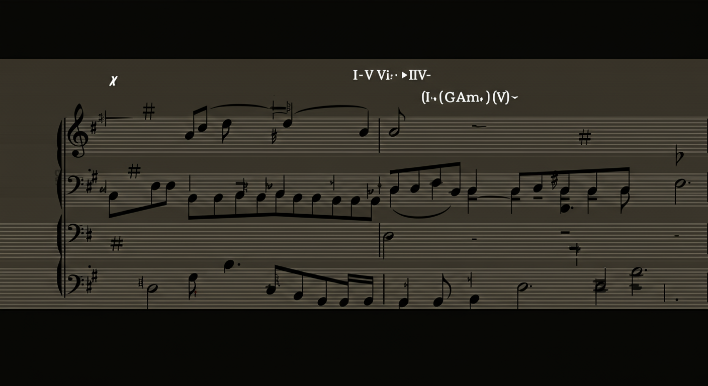 Bladmuziek notatie van de populaire I-V-vi-IV akkoordprogressie