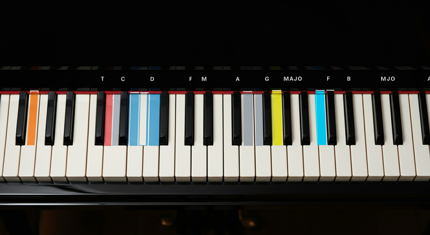 Diagram van een pianotoetsenbord met alle twaalf majeur akkoorden gemarkeerd