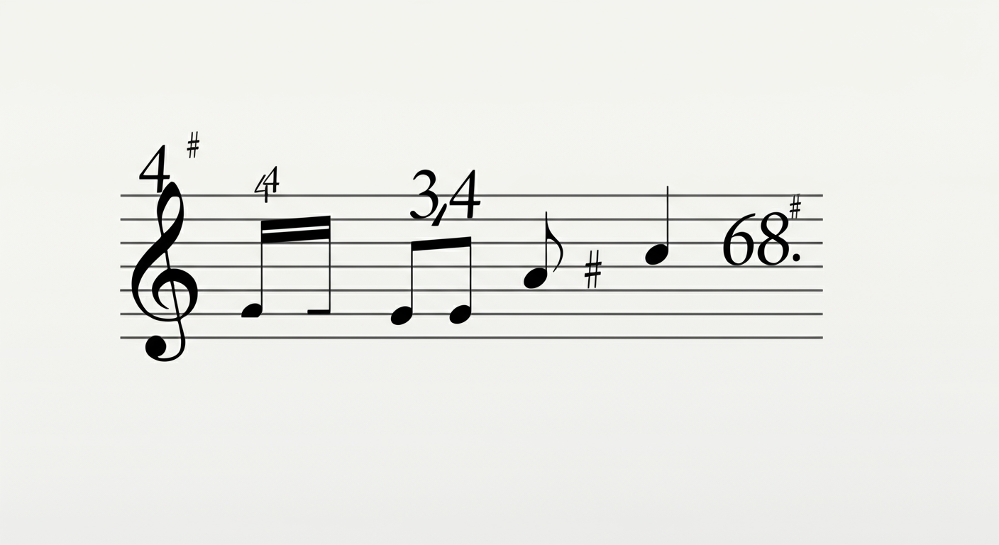 Verschillende maatsoorten op de notenbalk: 4/4, 3/4 en 6/8 maat