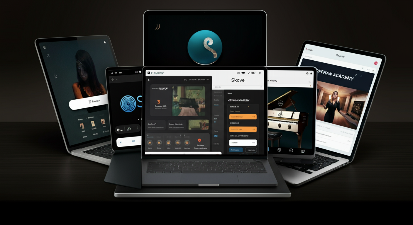 Screenshots van verschillende online pianocursussen.