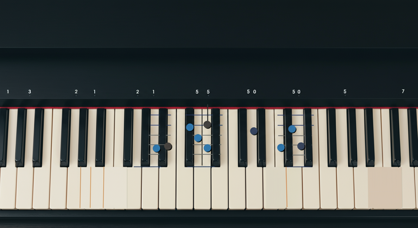 Piano toetsenbord met gemarkeerde vingerzetting voor verschillende akkoorden