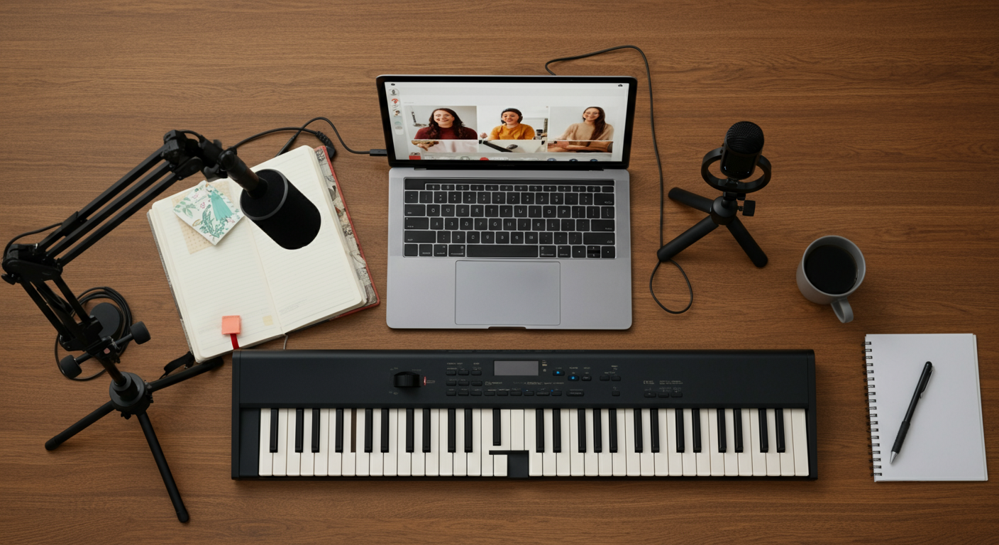 Technische setup voor online pianoles met feedback inclusief keyboard, laptop, camera en verlichting
