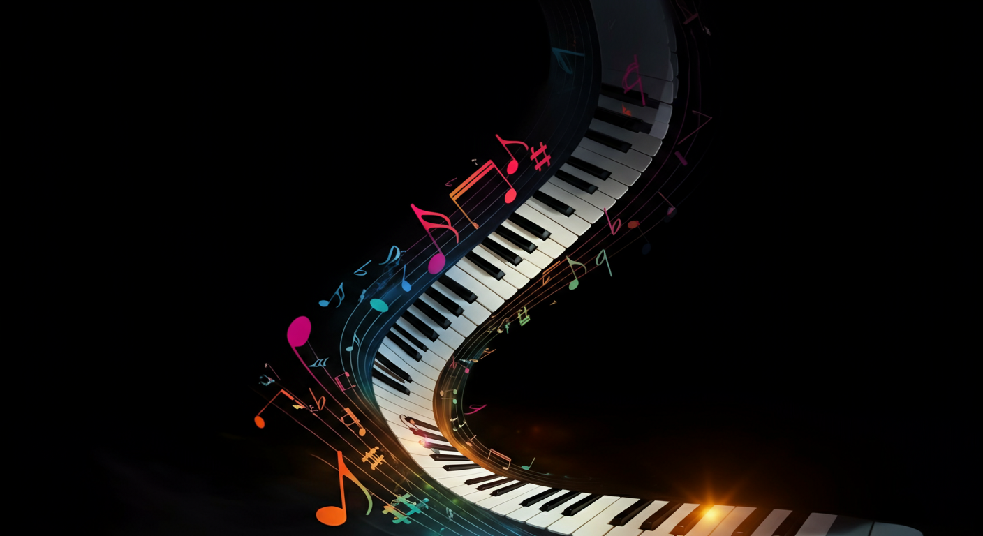 Abstracte weergave van muziektheorie als een rivier van noten die samenkomen in een piano.