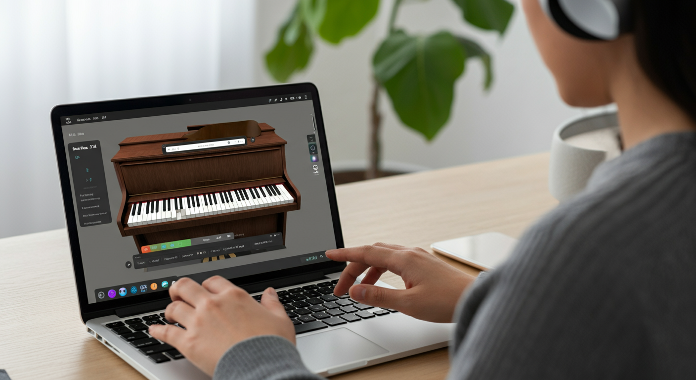 Iemand leert piano spelen online met een laptop