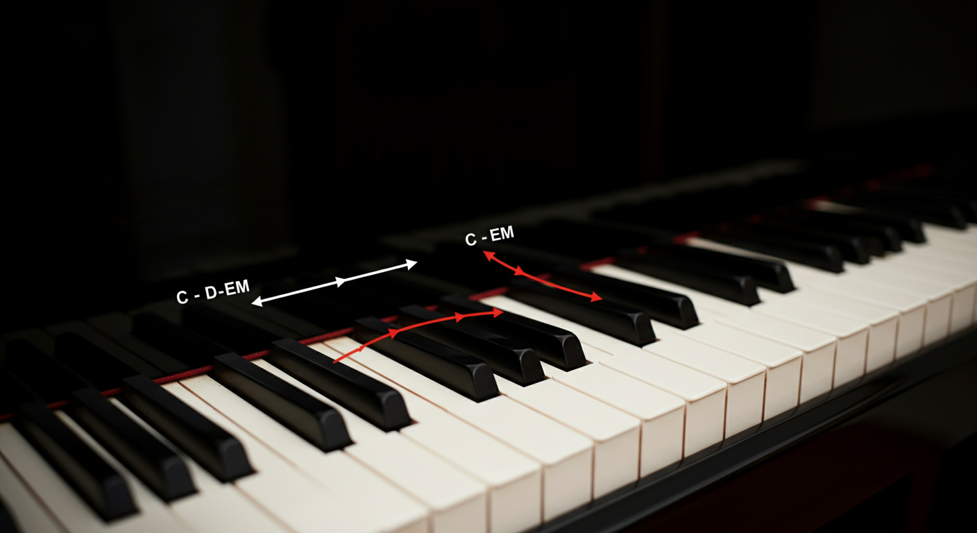Akkoordprogressie diagram met C, G, D en Em akkoorden en overgangen