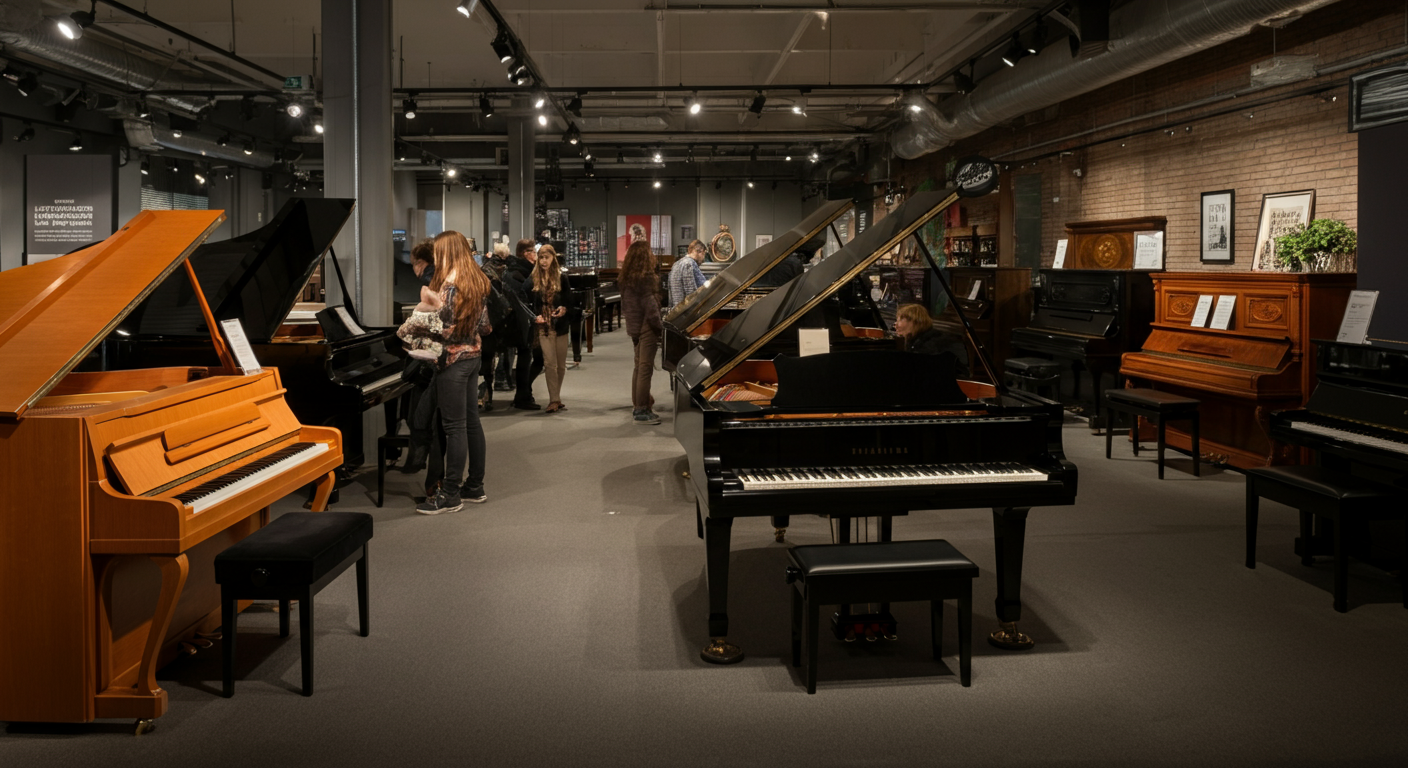 Een pianowinkel in Amsterdam met diverse piano's en klanten.