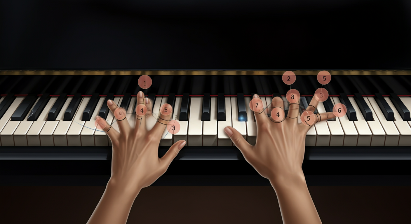 Correcte vingerzetting voor het spelen van majeur toonladders op piano met genummerde vingers